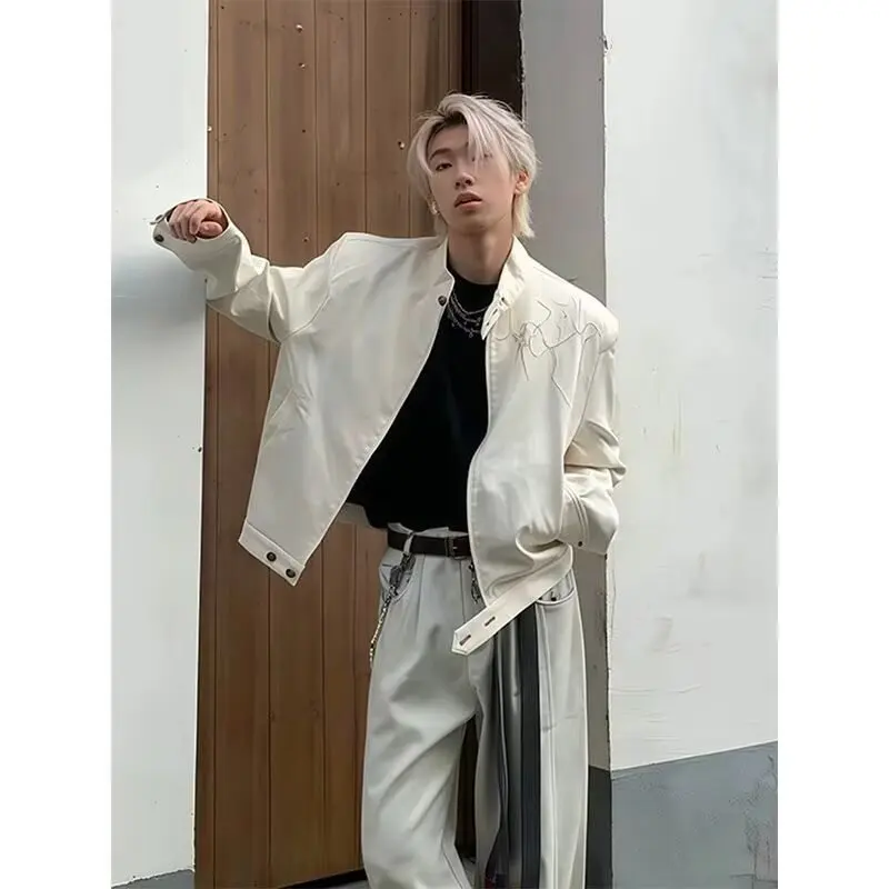 Thorn Embroidered Motorcycle Stand up Collar Jacket, Unisex, Loose, Casual, Versatile, Street Trendy Jacket, Top Zipper