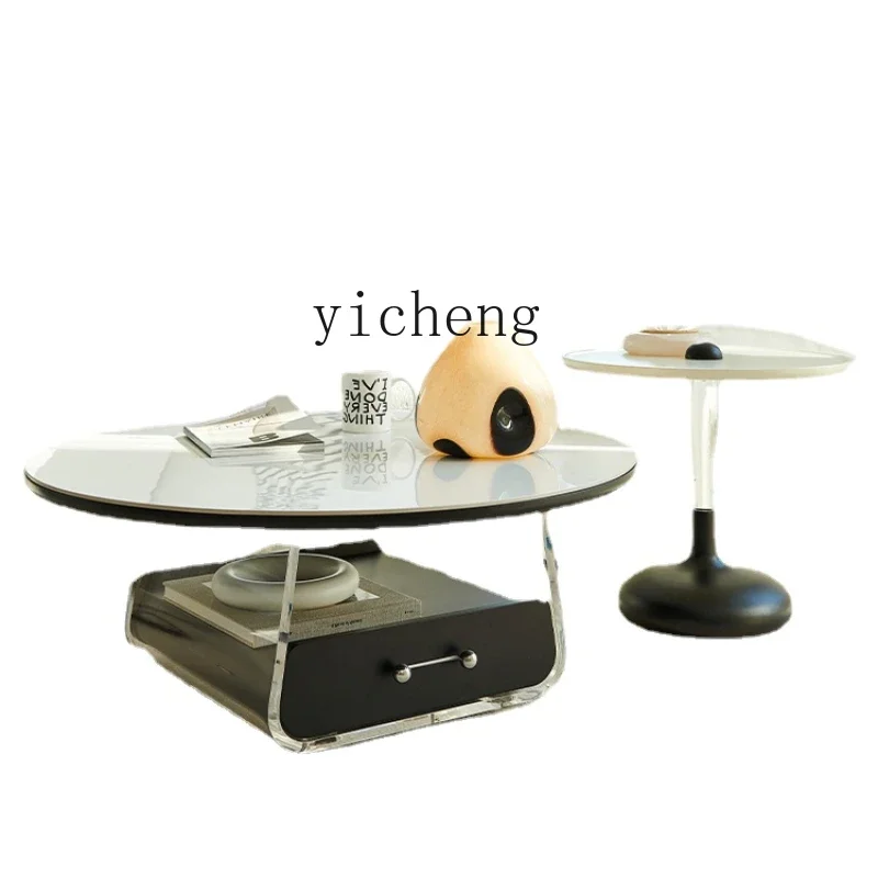 

Cream Style Tea Table Combination round Household Large and Small Apartment Type Stone Plate New Designer