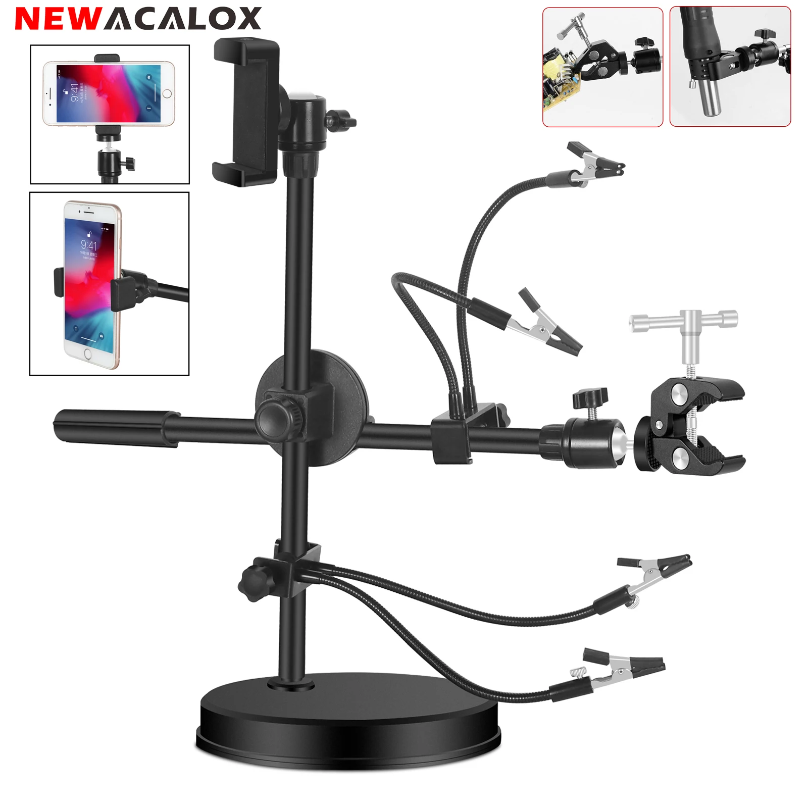 NEWACALOX 360° Flip Adjustable PCB Clip Heat Gun Holder Mobile Phone Holder Soldering Third Hand Welding Repair Workbench