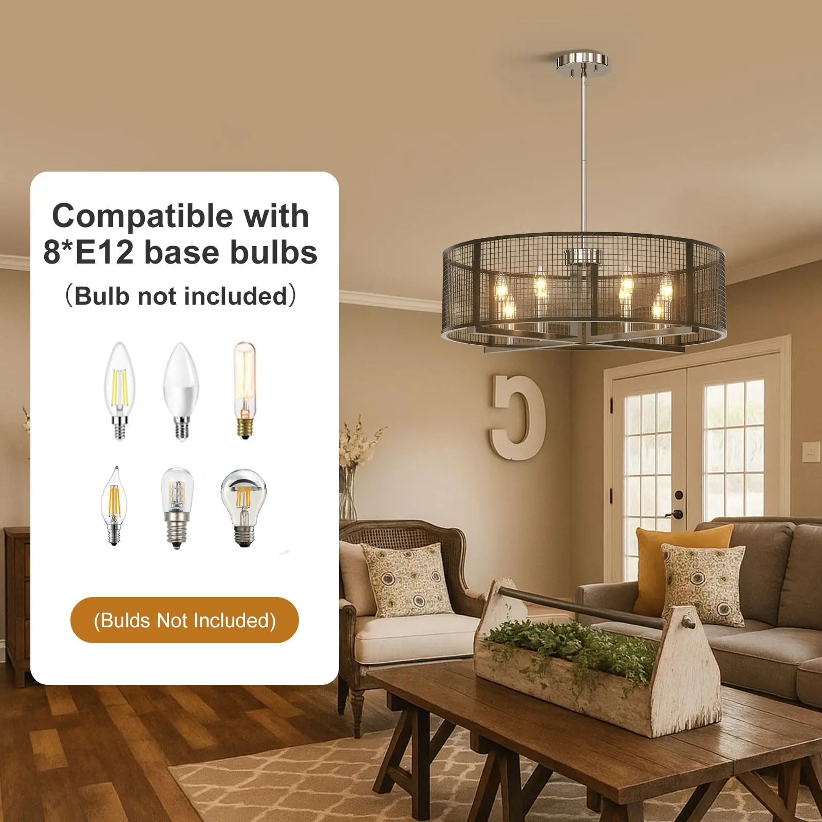 

24” 8-Light Black Industrial Drum Chandelier Modern Pendant Light for Dining Room Rustic Round Metal Iron Hanging Light Fixture