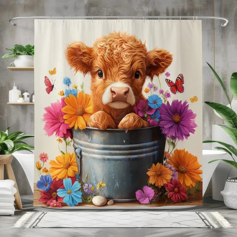 

Cute Highland Cow Shower Curtain with Flowers, Adorable Farm Baby Cow Bathroom Decor, Country Cottage Style Curtain Rustic