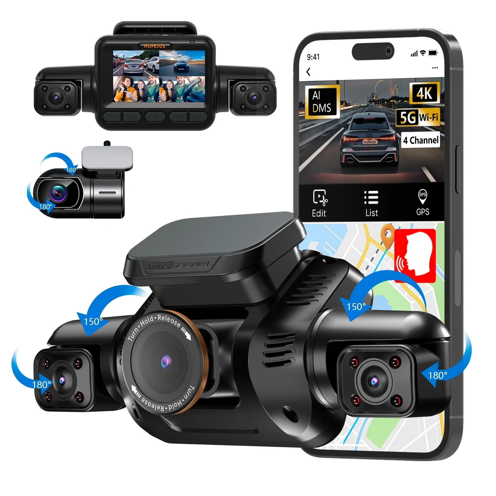 HUPEJOS V8Pro-4CH 360° 4K Dash Cam AI Driver Monitor System Built-in WiFi GPS,Night Vision,Voice Control,24H Parking Mode