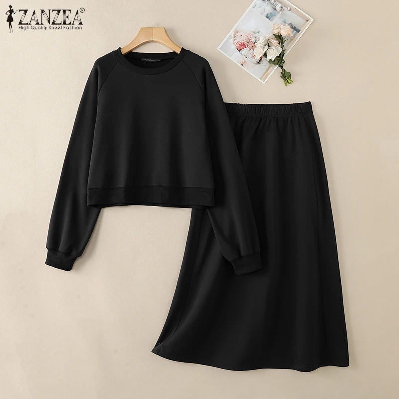 ชุดเซ็ตแฟชั่นผู้หญิง ZANZEA 2026 ชุดลำลอง 2 ชิ้น เสื้อแขนยาวและกระโปรงยาวเอวสูง ชุดลำลองสีพื้นแบบหลวม