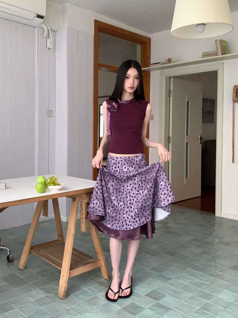 Pure Desire Summer Vacation Gingham Patchwork Belted Sleeveless Slim Fit T-Shirt Top Satin Material Slimming Effect