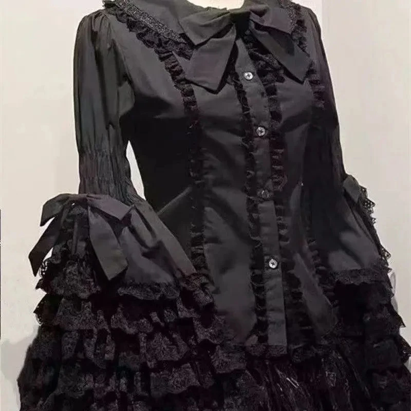 Japanische Lolita Frauen Hemd Süße Schleife Spitze Patchwork Rüschen Flare Langarm Bluse Peter Pan Kragen Ästhetische Innere Tragen Tops