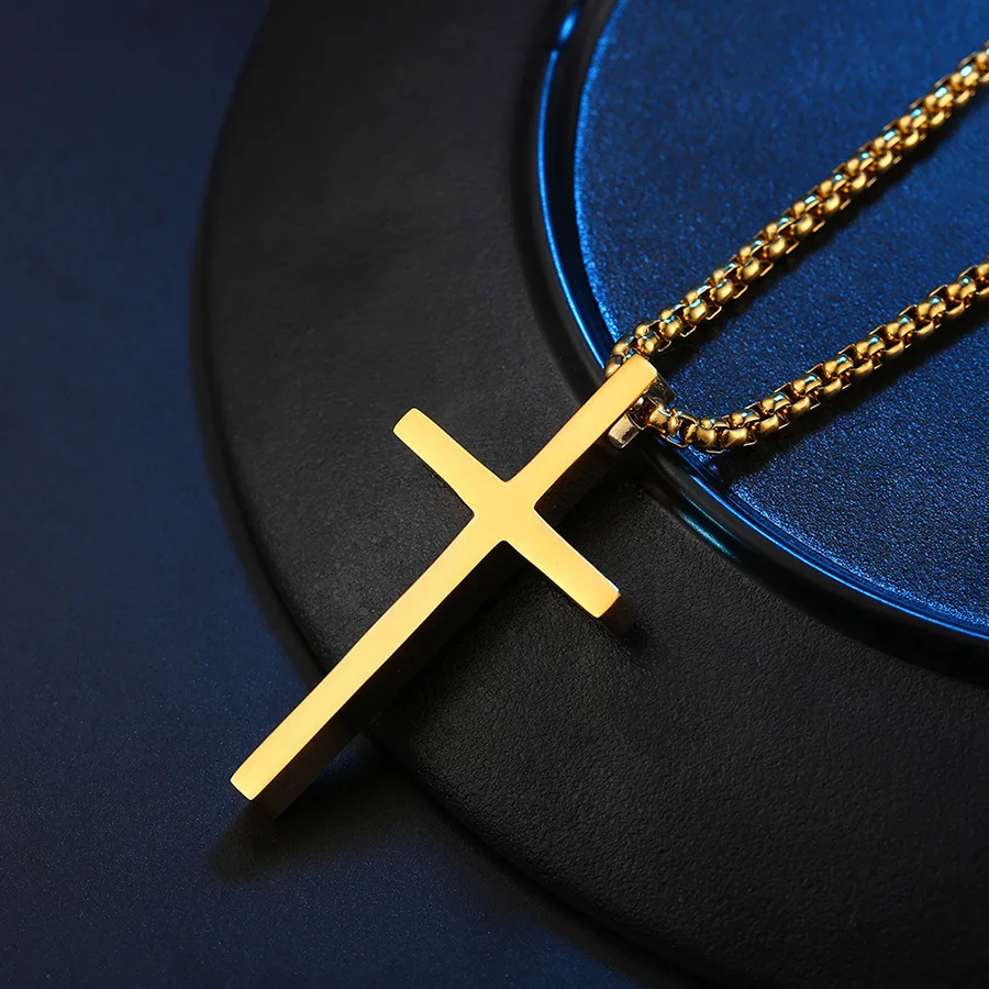2 Stück goldfarbene Kreuzanhänger-Halsketten-Set für Herren, Edelstahl, gedrehte Seilboxkette, Choker, Damen, Punk, Modeschmuck – Detail 9