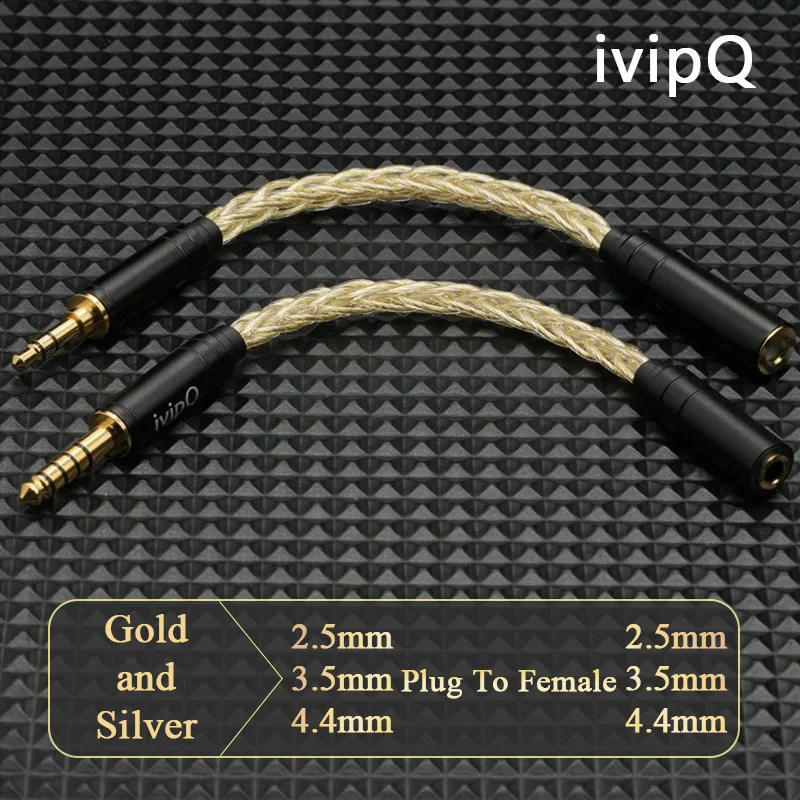 Kabel adaptera IvipQ 2.5/3.5/4.4mm męski na 2.5/3.5/4.4mm żeński, męski na męski, 8-żyłowy, złoto-srebrny, zbalansowany kabel audio do konwersji. — zdjęcie produktu 3