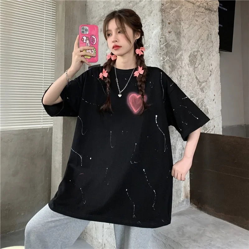 

Cotton Oversized Love Printed T-shirt for Women Ins Short Sleeved Summer Korean Version Loose and Versatile Casual Upper Garment