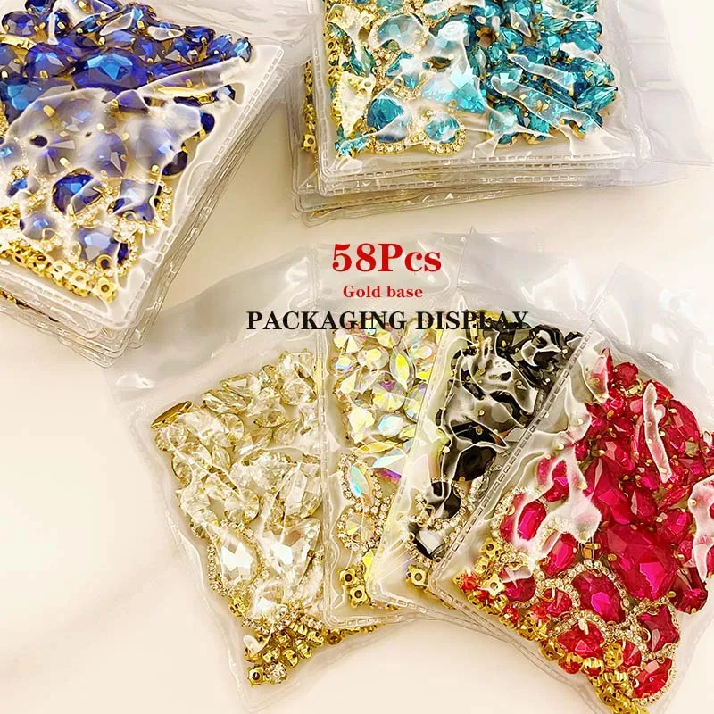 Mixed 58Pcs AB Color Glass Rhinestones, Golden Crystal Buckle, Sewing Accessories, Use for Needlework, DIY Clothing Decoration