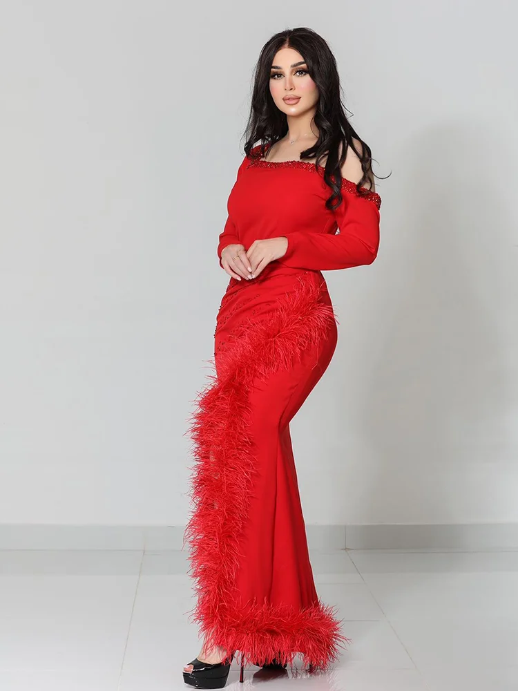 Jirocum Red Mermaid Prom Gowns Women's Feather Beaded Party Evening Gown Ankle Length Saudi Arabia 2024 Formal Occasion Dress