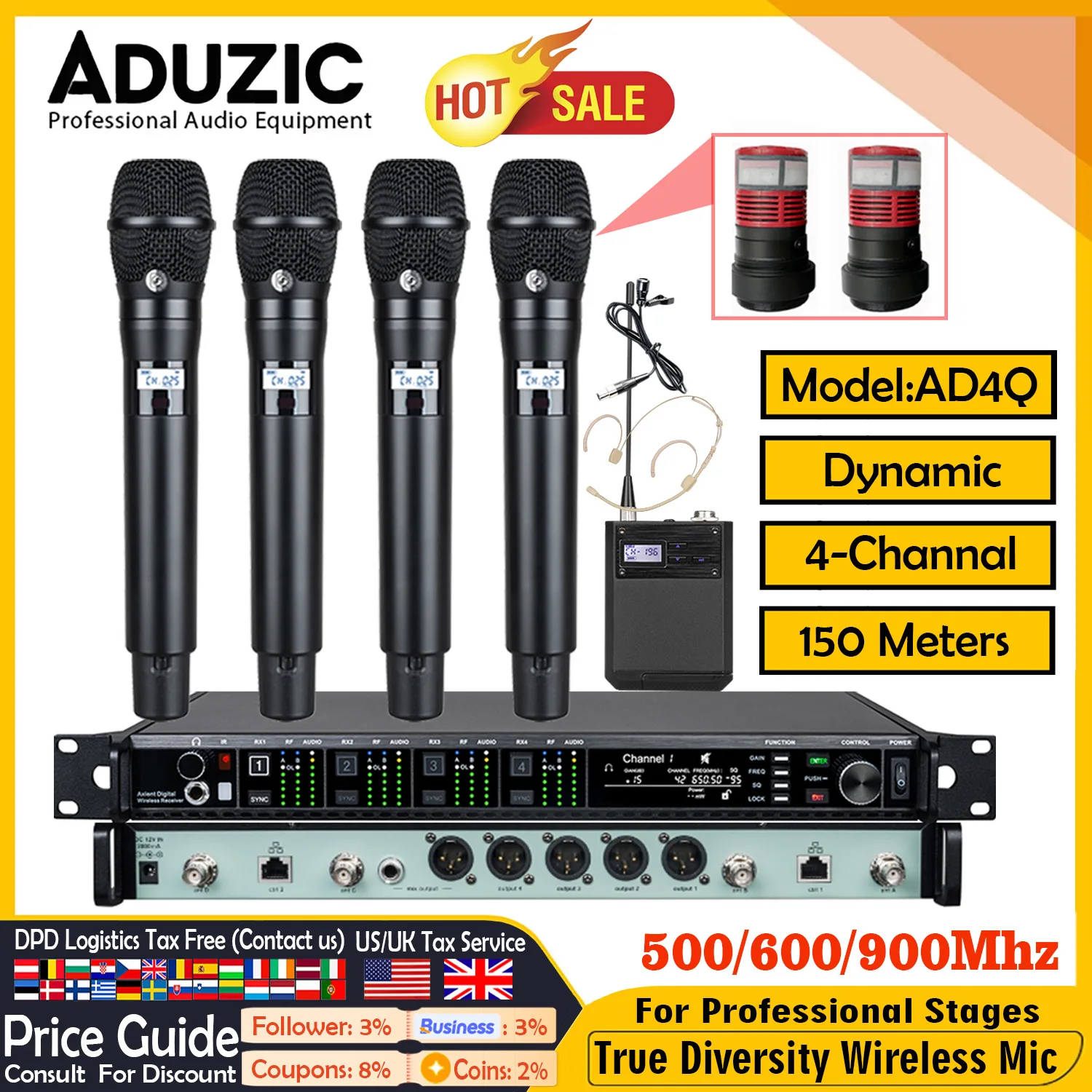 

Aduzic AD4Q 4 Channels True Diversity Wireless Microphone System 500/600/900MHz Professional Stage Microfone KSM11 Dynamic Mic