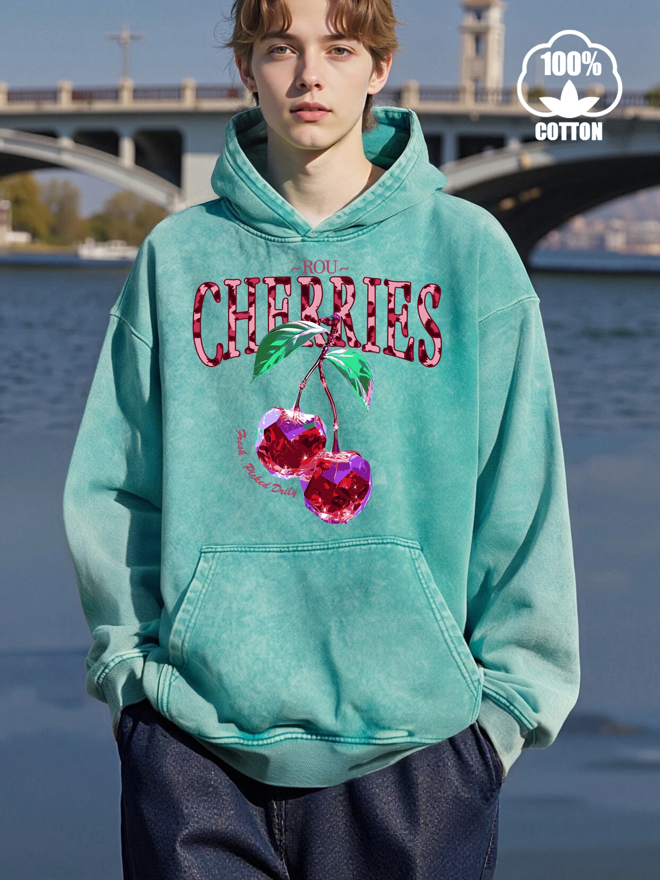 Crystal Cherries Prints Men Washed Hoody Cotton Pocket Hoodie Fashion Oversized Pullovers Autumn Mens Hoodies Casual Streetwear