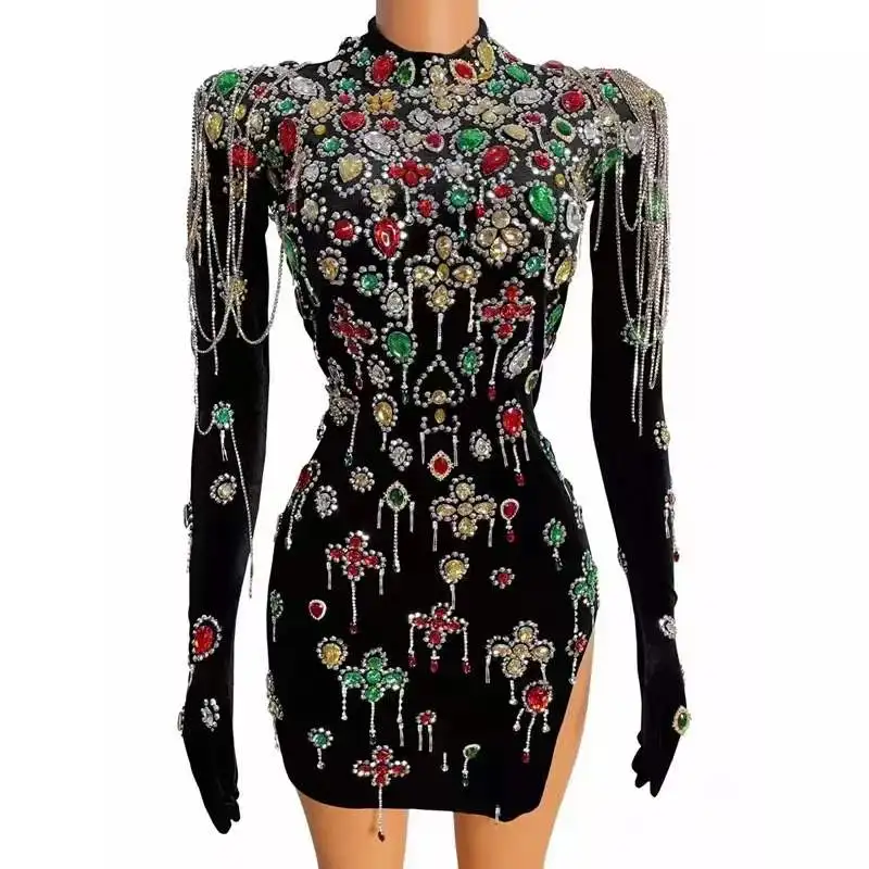

Multi-color Crystal Rhinestone Chain Velvet Short Dress Evening Party Birthday Dress Sexy Performance Show Costume Stage Wear