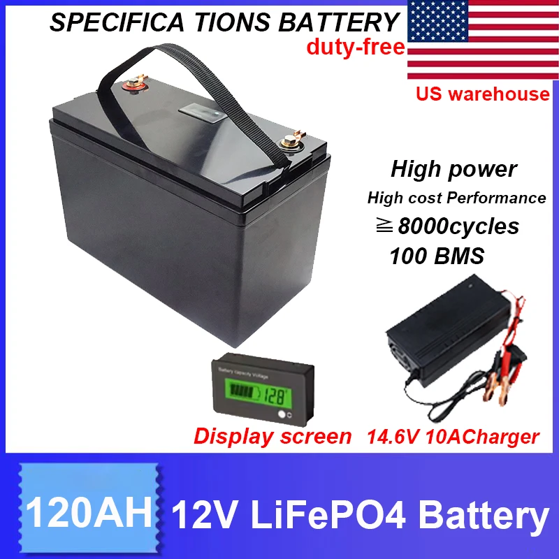 

Аккумулятор LiFePO4 12В 120Ач с 8000+ циклами заряда, для хранения солнечной энергии, кемпинга, бесплатная доставка со склада в США.