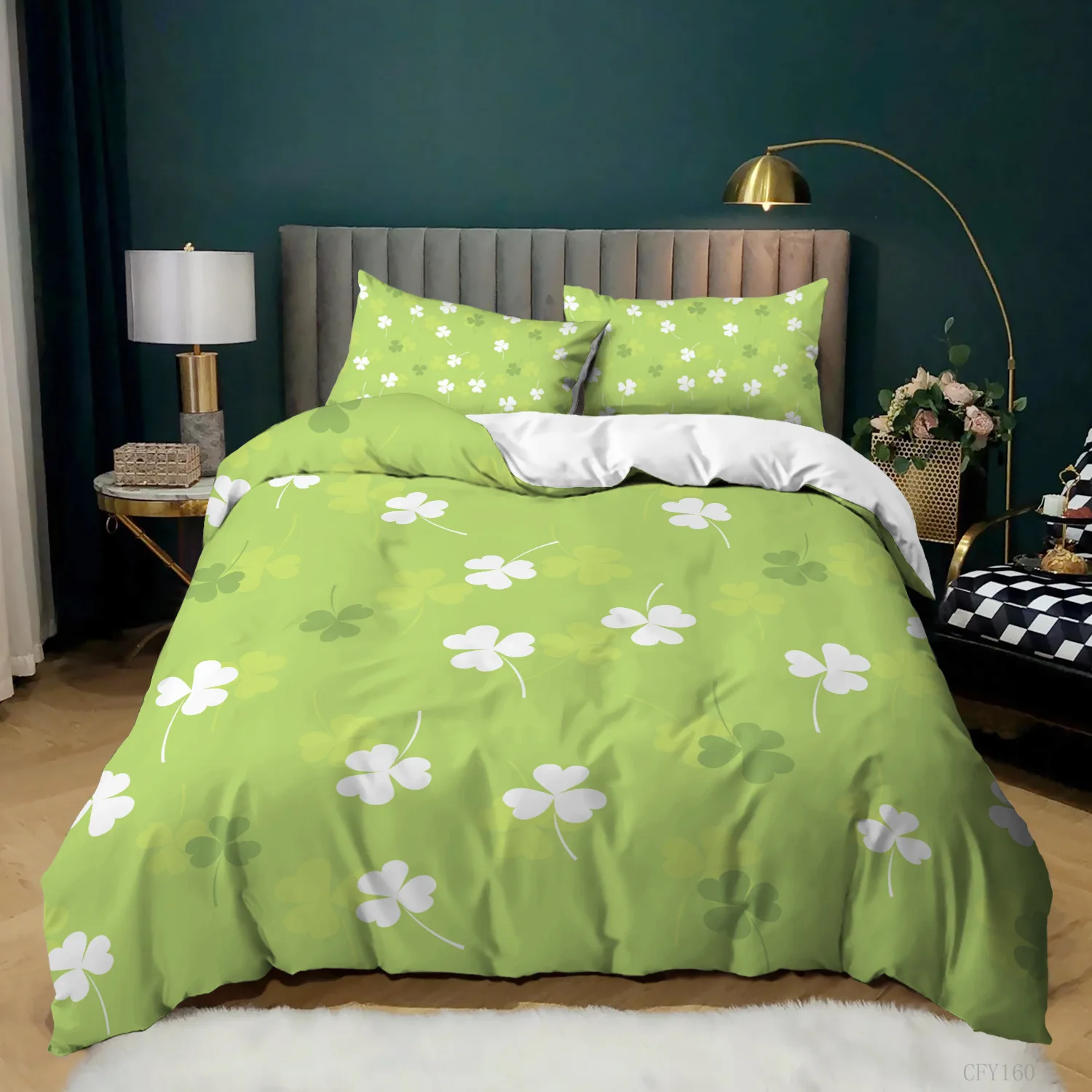 Ambesonne St. Patrick's Day Duvet Cover Set,Lucky Shamrocks Pattern Irish Clover Celebration Day Party Prints Bedding Set Queen