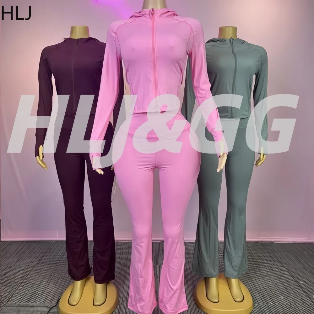 

HLJ Winter Fashion Sports Two Piece Outfits Woman Solid Color Long Sleeve Crop Tops and Skiny Pants Matching Female Streetwear