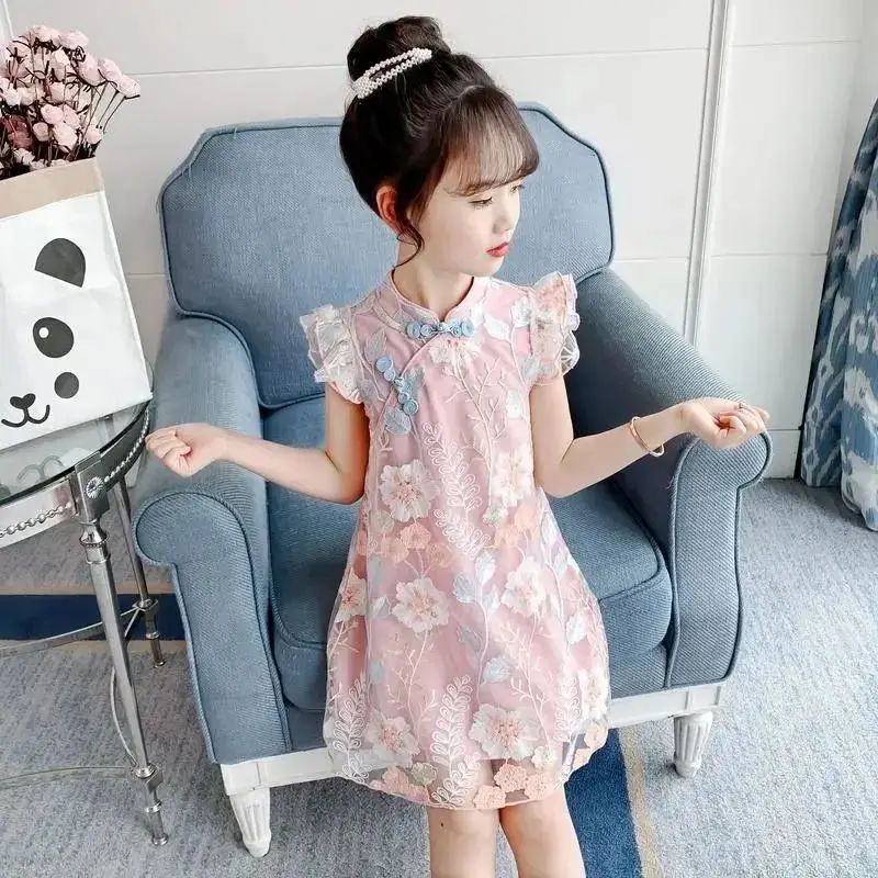 Kids Girl Cheongsam Dress Summer 2024 Baby Princess Dresses New Teenager Sleeveless Dress Children Party Clothes 10 To 12 Years