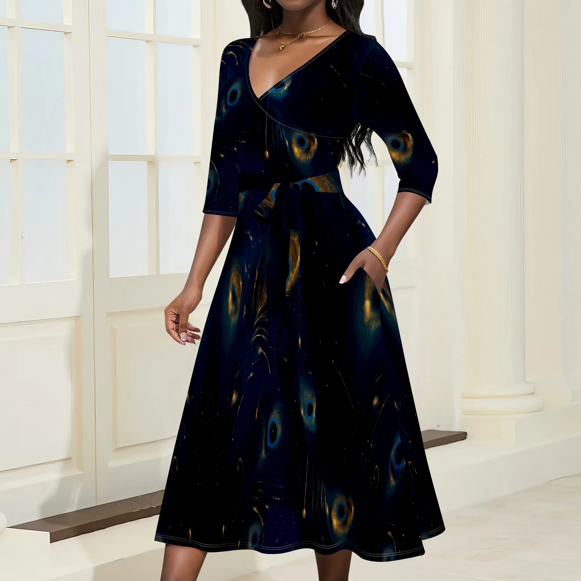

Galaxy Print Midi Dress S‑3XL V‑Neck Belted A‑Line Style with 3/4 Sleeves for Night Out, Cocktail Party or Astro Art Event