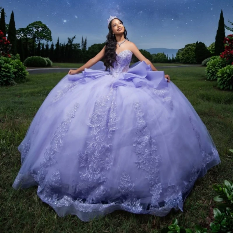 Lavender Glitter Quinceanera Dresses Off Shoulder Ball Gown Sweet 16 Dress Applique Bow Beads Tull Party Birthday Vestidos 15 De