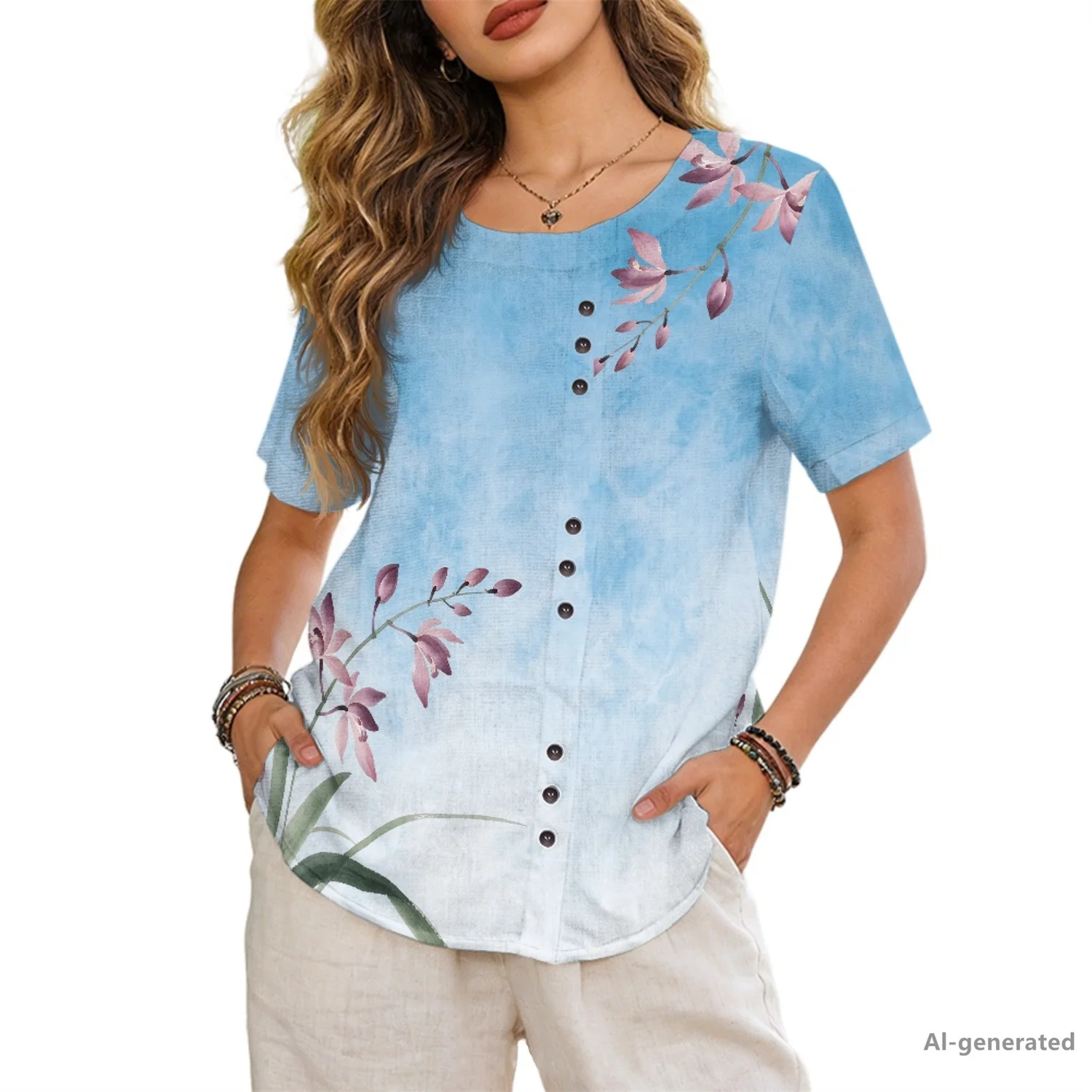XIXIRIMIDO 2026 Women's Summer  O-neck Tops Linen Printed Fashionable Casual Street Style Short-Sleeve T-Shirt