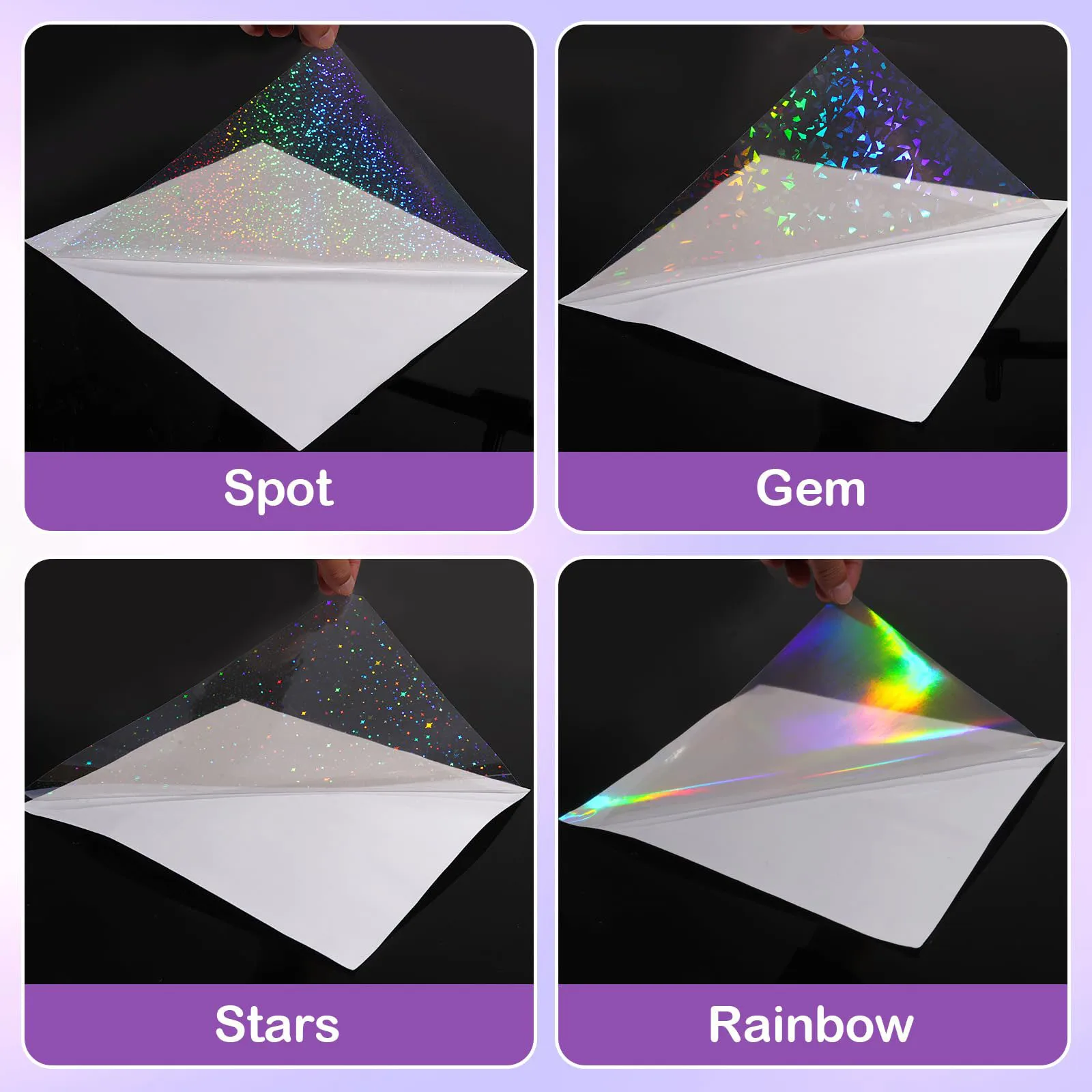 40 Sheets 4 Styles Mixed Holographic Sticker Paper Clear Vinyl Self Adhesive Waterproof Rainbow Transparent Overlay Film A4 Size