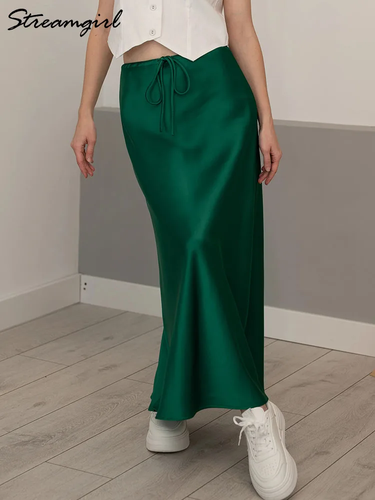 Black Satin Long Skirt Women High Quality Silk Skirts Maxi Tie Up Elegant Office Long Green Skirt For Women Brown Skirts Spring