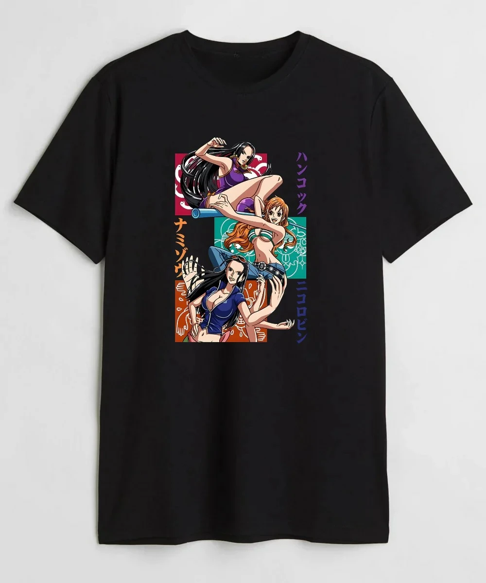 One Piece Nami Hancock Nico Robin Anime Print Tshirt 2025 Summer Womens Black Cotton T Shirt The Habit Store Streetwear Casual