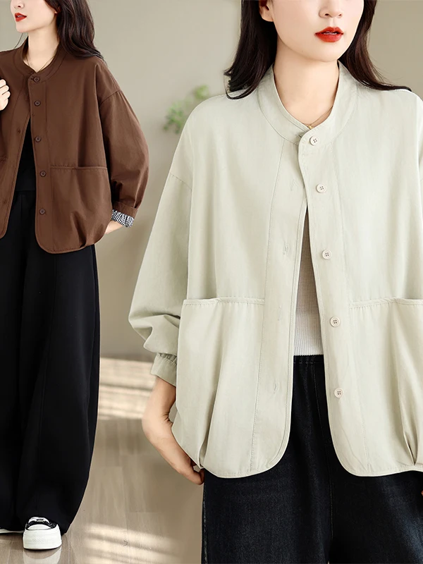 Authentic Retro Artistic Women's Single-Button Short Jacket Versatile Stand Collar Outerwear Cotton 100% Autumn 2026 Fashion