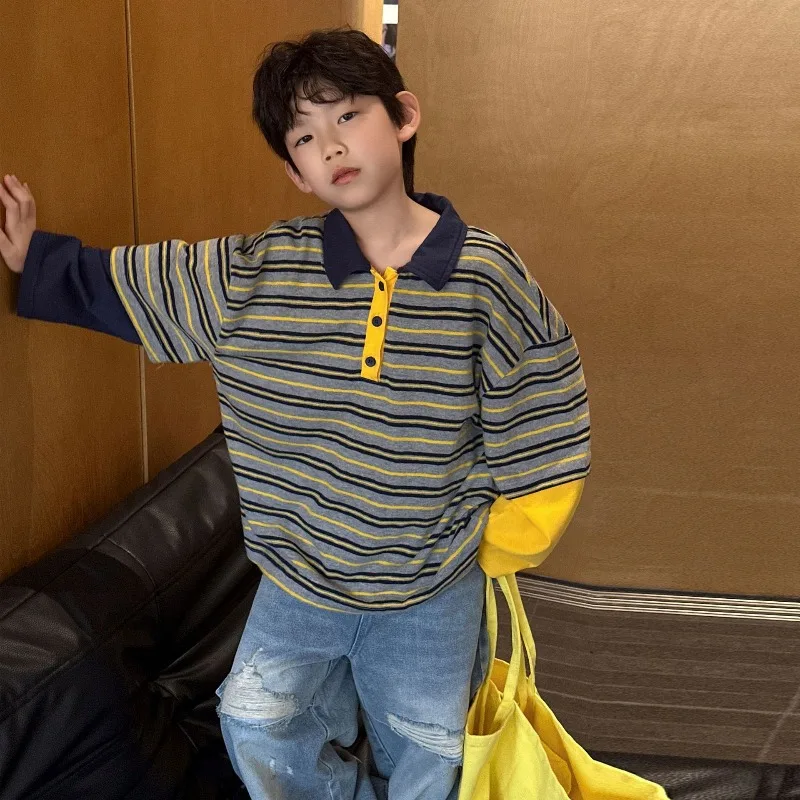 

Children's Splicing Sleeve Fake Two-piece POLO Shirt 2026 Spring and Autumn New Boys' Long-sleeved T-shirt Loose Striped Top