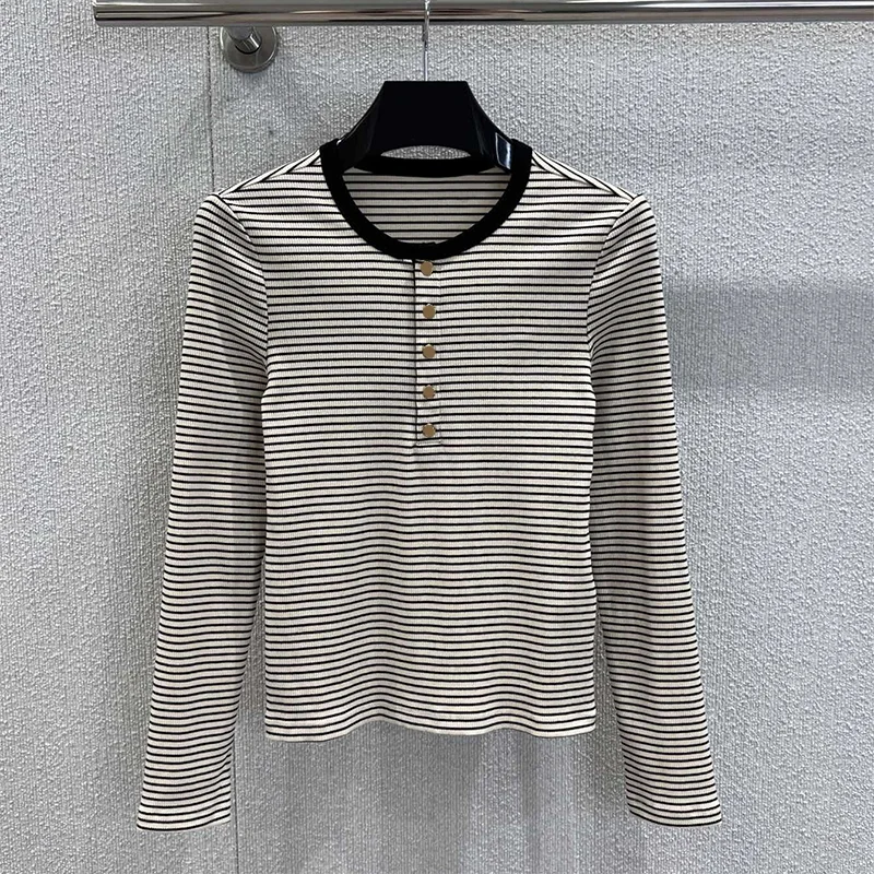 

Высококачественная женская футболка в тонкую полоску с круглым вырезом и длинными рукавами, популярная одежда для похудения 2591350