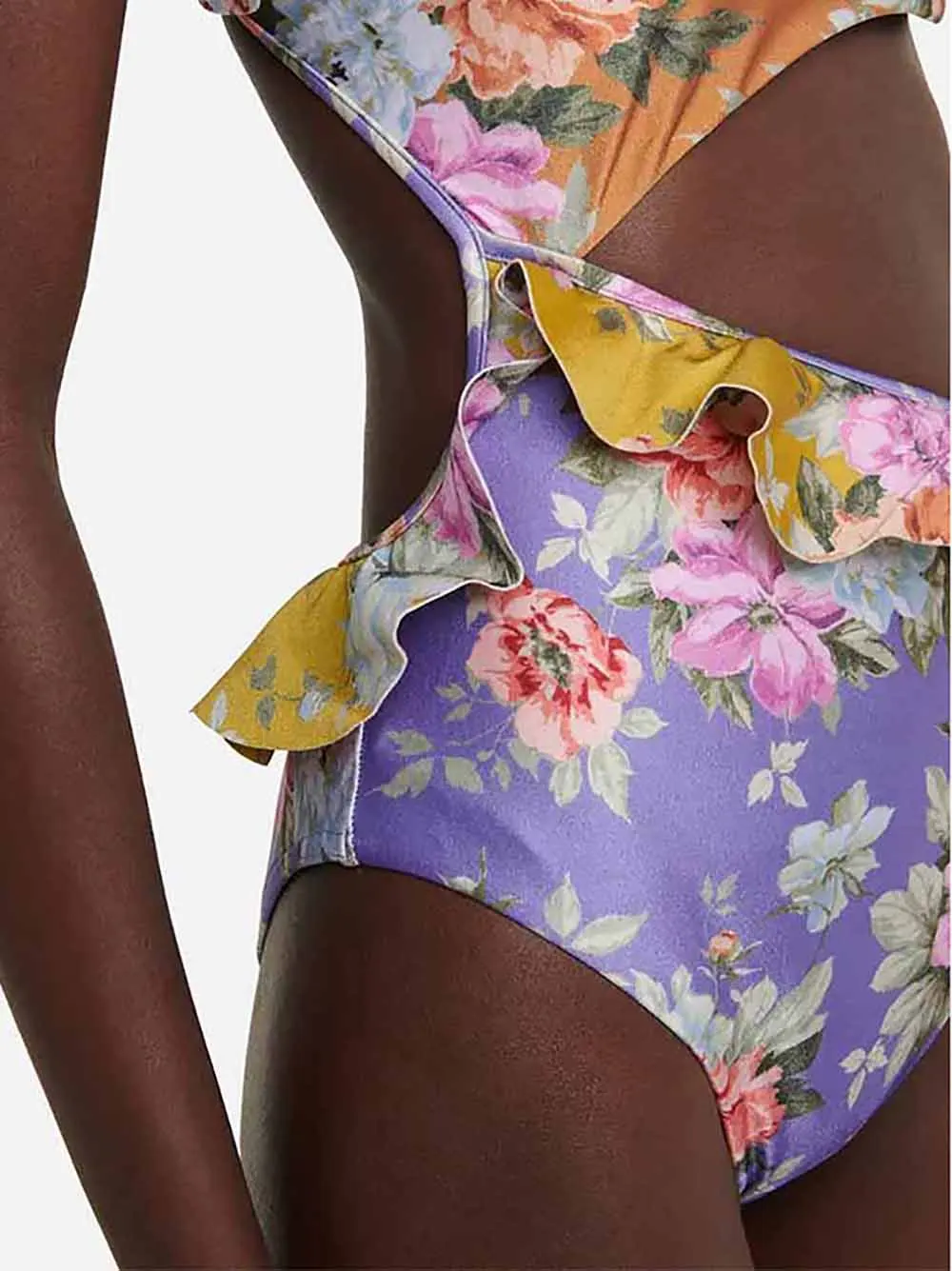 Fashion Colorblock Floral Ruffled One Piece Swimsuit High Waist SlimHollow Strap Bikini Elegant One Shoulder Sexy Beachwear 2023