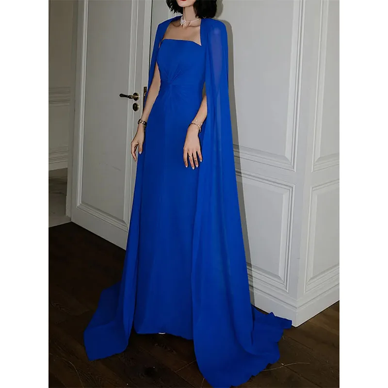 Blue Arabic Dubai Women Evening Formal Dresses Cap Sleeves Pleats Chiffon Prom Pageant Gowns Celebrity Style Robe De Soiree