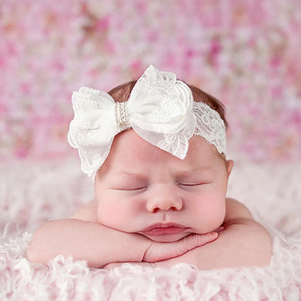 

Rhinestone Bow Headband Newborn Baby Hair Accessories Lace Pearl Decor Infant Headdress Comfortable All-Matched Style