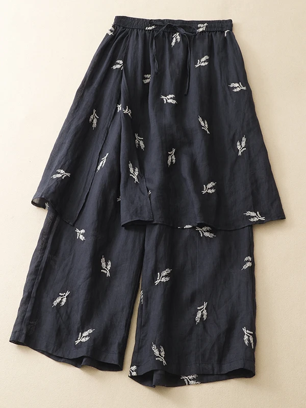 New Chinese Style Embroidered Heavy Work Wide Leg Pants Women's Thin Loose Casual Straight Cotton Linen Nine Points Pants