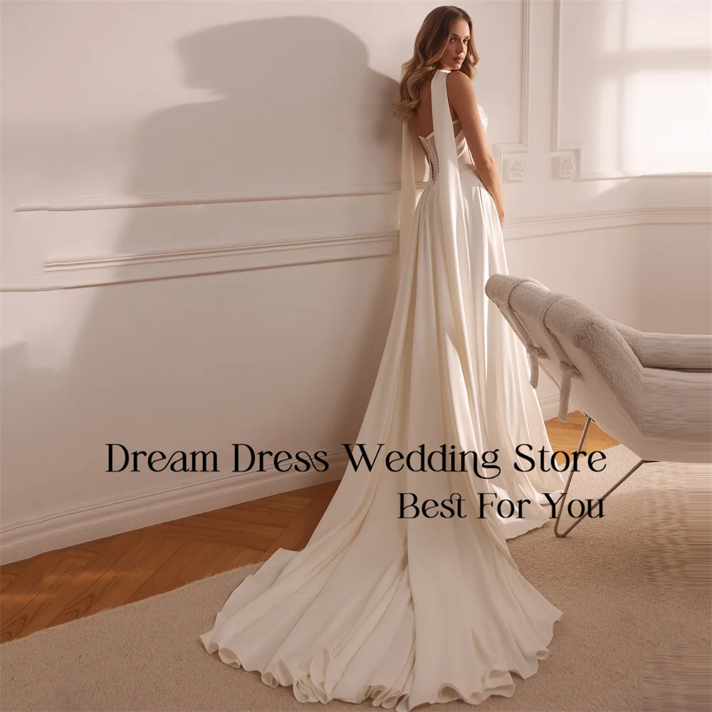 DREAM Boat Neck Beading A-Line Wedding Dress Women Pleat Shawl Open Back Sweep Train Bridal Gown Vestidos De Novia Customized