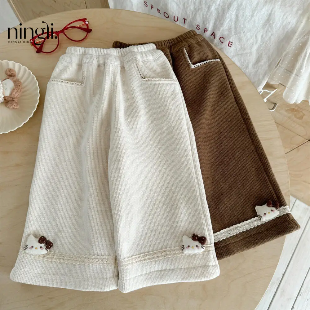 

Anime Hello Kittys Girls Wide Leg Pants Velvet Autumn Winter New Kawaii Cartoon Thicken Leisure Straight Pants Trousers