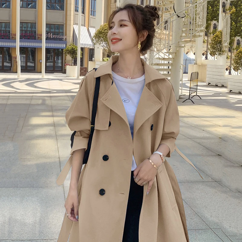 British Style Long Trench Coats Classic Double Breasted Windbreaker Elegant Womens Loose Overcoats Korean Fashion Blue Gabardina