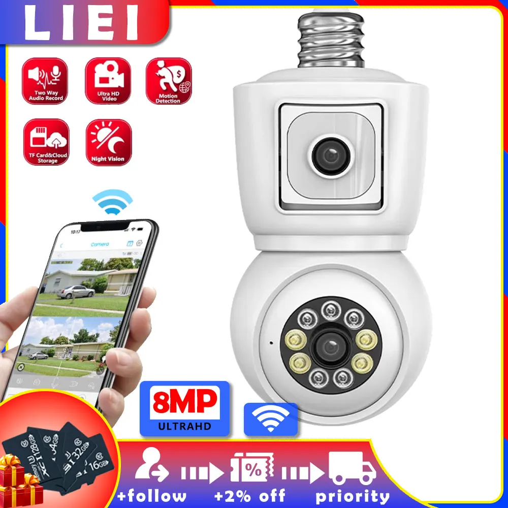 

LIEI 8MP HD Wireless Wifi Bulb Security Protection Dual Lens Camera CCTV Bluetooth Baby Monitor PTZ Auto Tracking Two-Way Audio