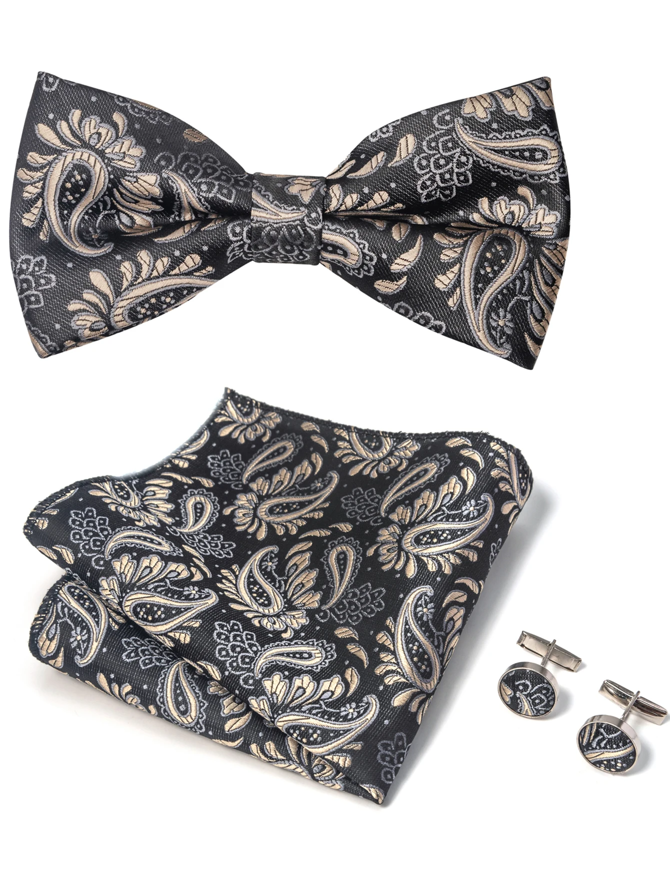 3-Piece Set - Men's Tie, Handkerchief with Cufflinks, Geometric and Paisley Pattern Design, Suitable for Banquet Wear