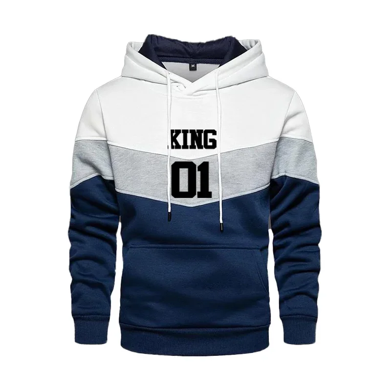 King Printed Sweatshirt Mens Fashion Long Sleeve Streetwear Male Splicing Color Sports Hoody Pullover Top Outwear