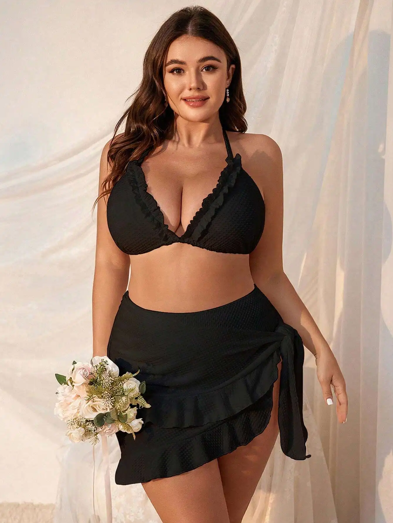 

Plus Size Solid Black Frill Trim Halter Neck Bikini Set With Cover Up Skirt