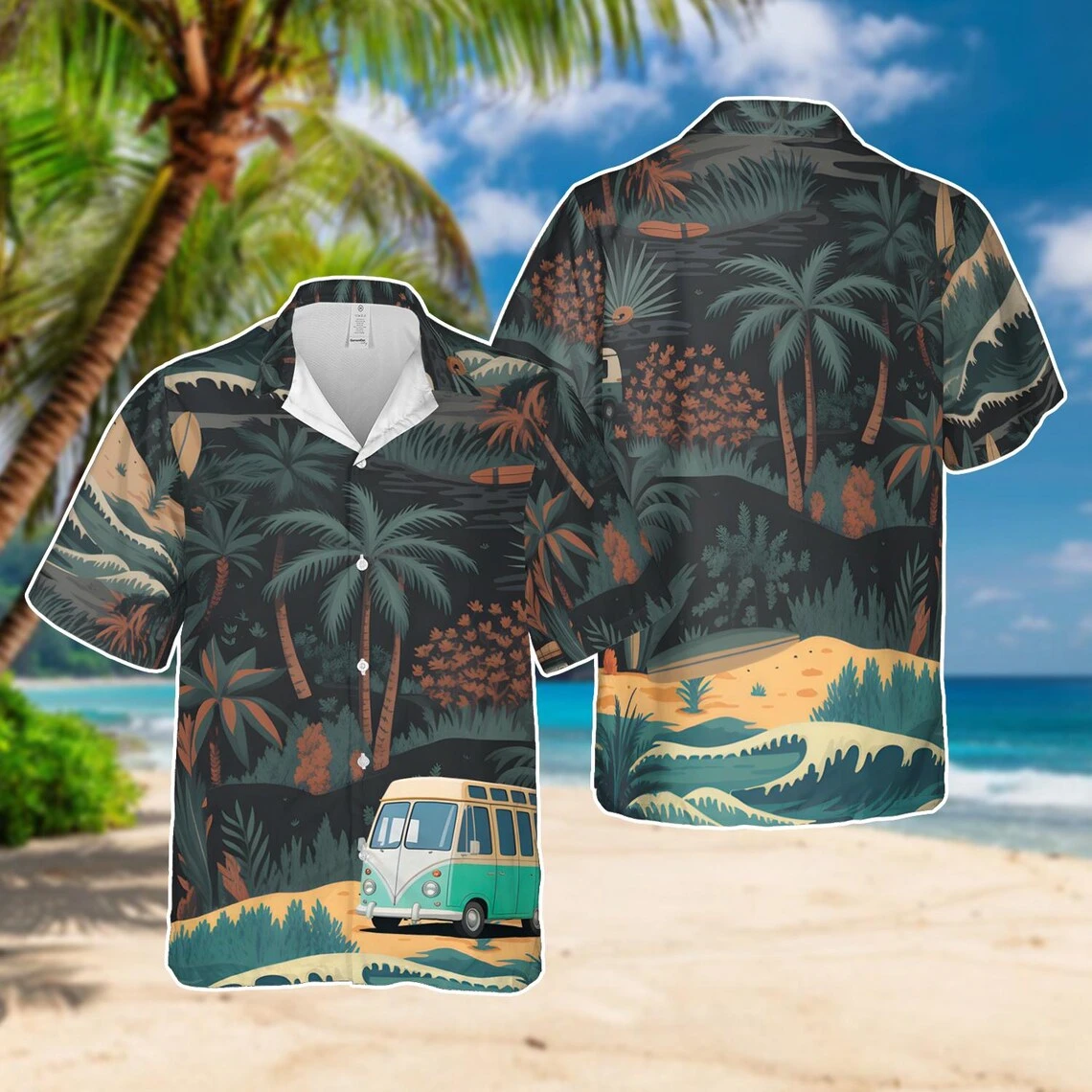 Men Retro Camper Van Hawaiian Shirt Summer Casual Button Down