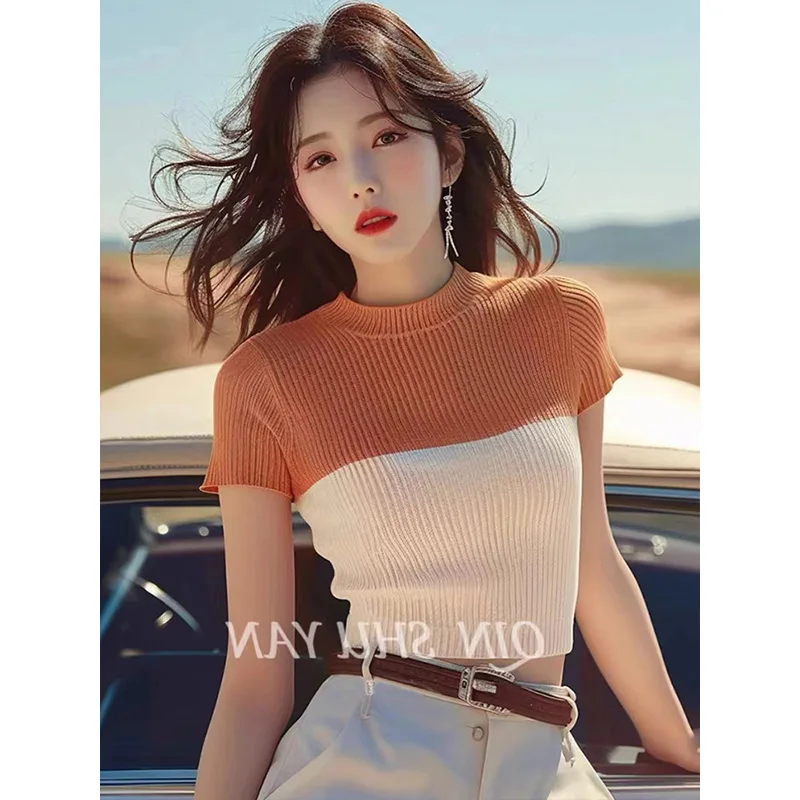 

Women Korean Fashion Knitted Short Sleeve T-shirt Summer O-neck Chic Patchwork Tops Slim Elasticity Short Style Pullover