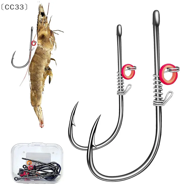〔CC33〕5Pcs 2/0#3/0#4/0# Live Shrimp Lure Fishing Hooks Grouper Barbed Fishhook With Fixed Spring Carbon Steel Fishhooks