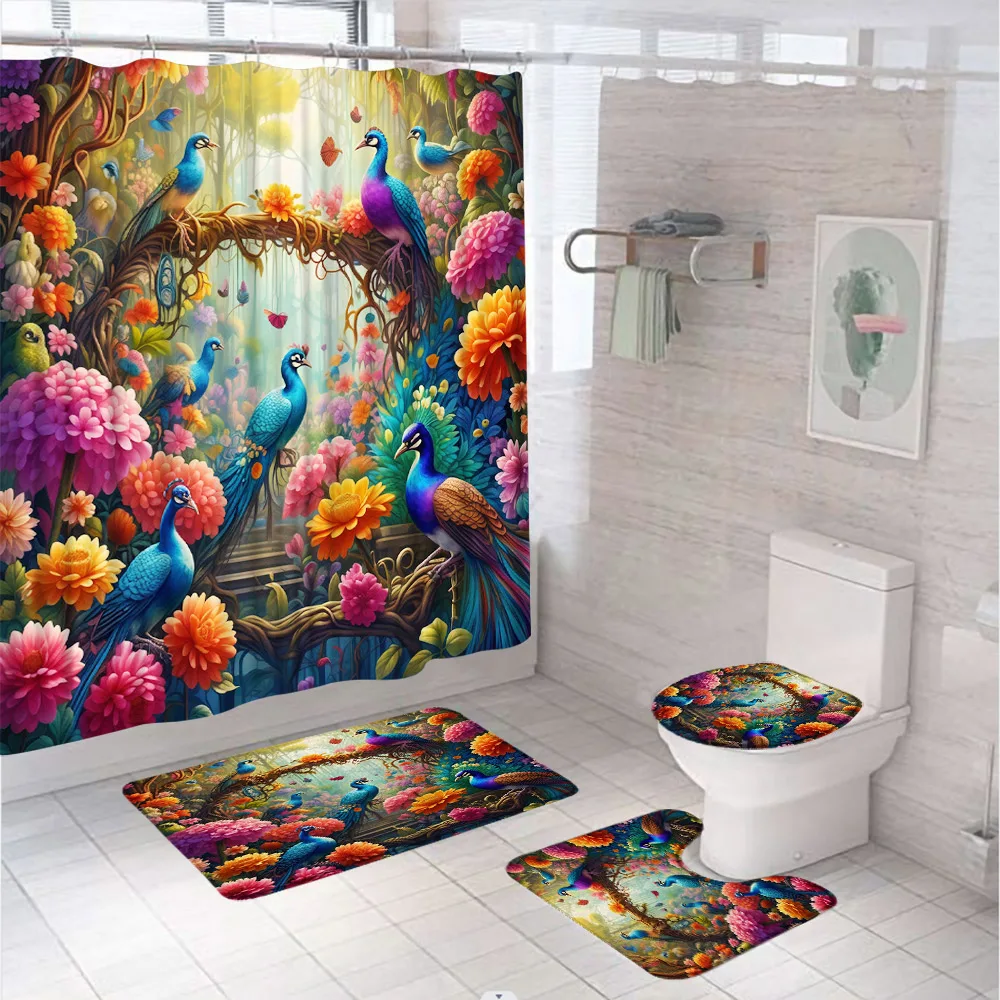 4Pcs Elegant Blue Peacock Bird Shower Curtain Set Colorful Flower Plant Bathroom Tub Curtains Bath Mat Non Slip Rug Toilet Cover