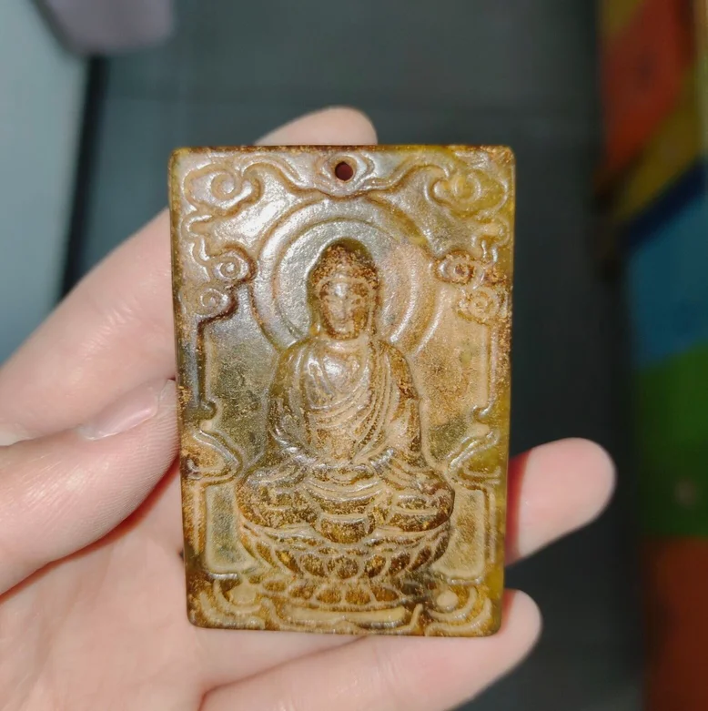 Tibet Buddhism hetian old jade Kwan-Yin GuanYin tangka yubi bi pendant amulet