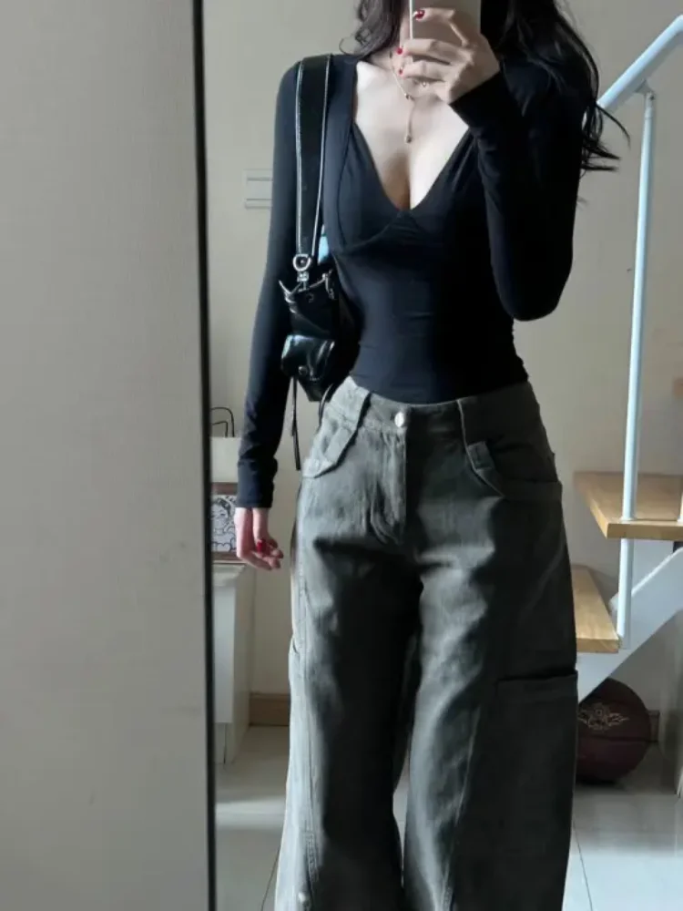 Style américain v-cou sexy femmes top avec automne et hiver velours épicé fille slim fit tendance noir à manches longues T-shirt