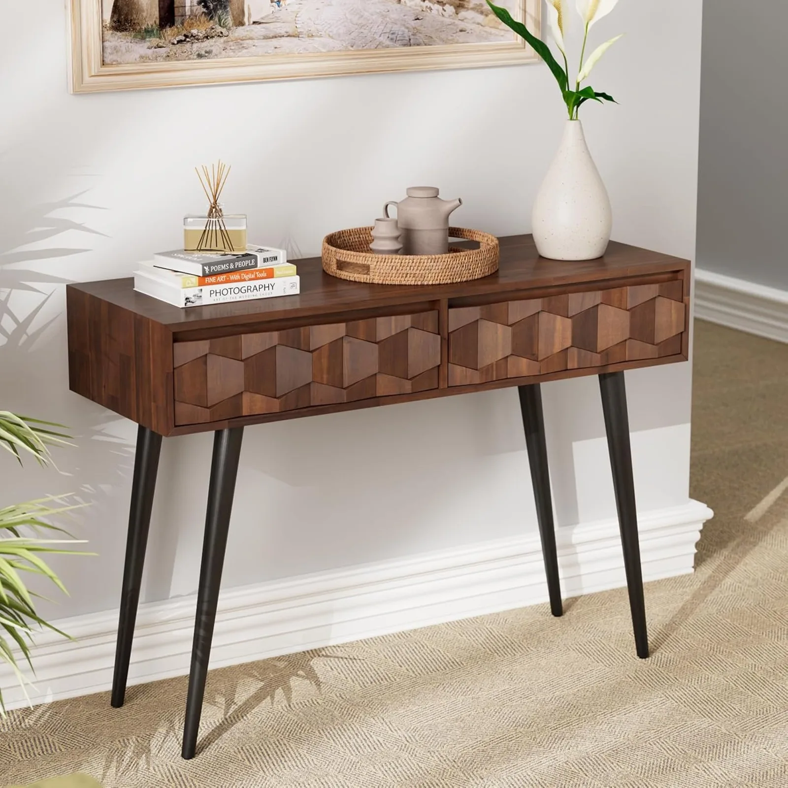 

US Console Modern Mid-Century 2 Drawers, Unique Geometric Design Sofa Table for Entryway, Hallway, Living Room, Walnut