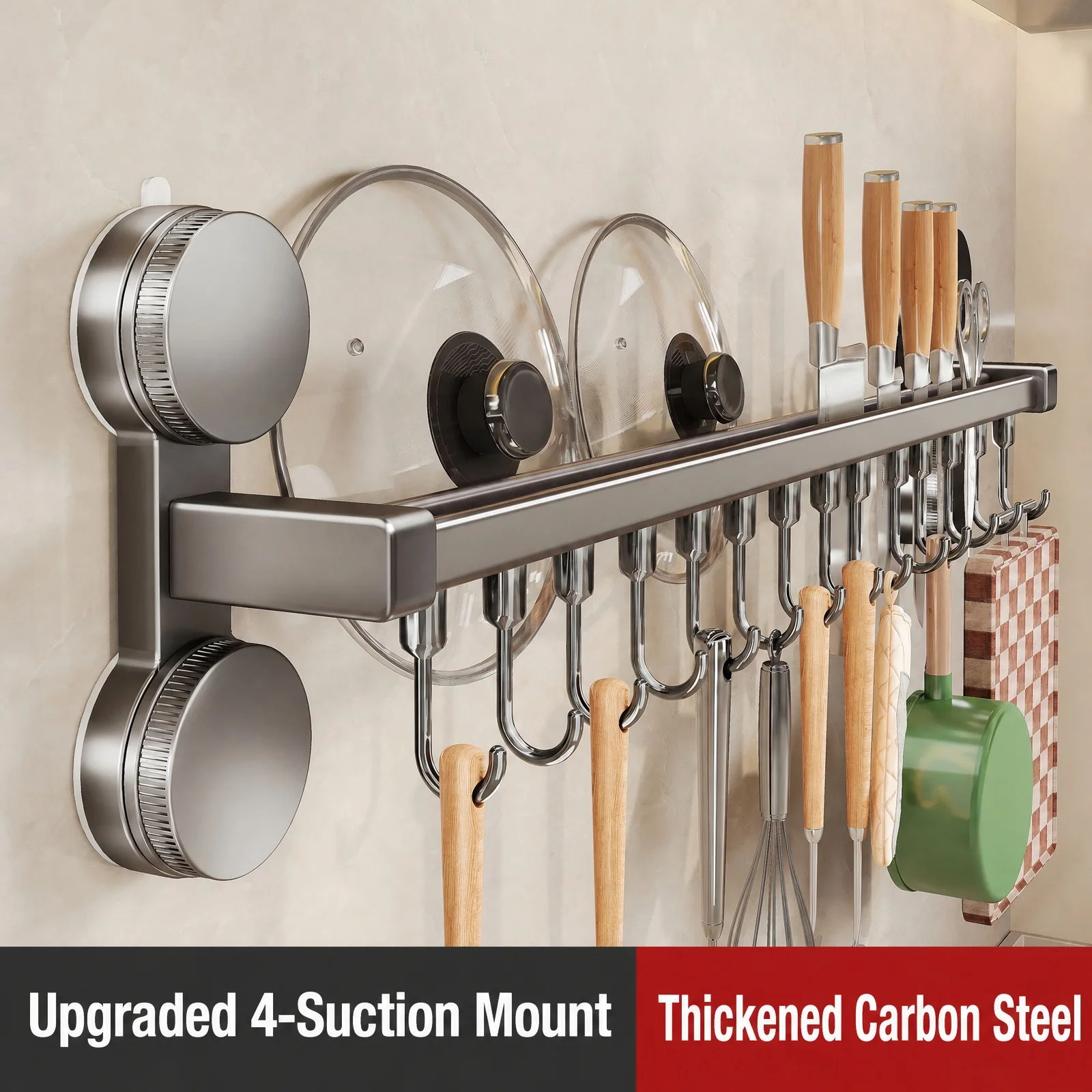 Wall Mounted Kitchen Hook No Drill Double Suction Cup Hangers Rail Kitchen Utensils Rack Spoon Shovel Chopping Board Storage