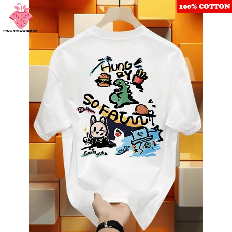 

ins American Cartoon Graffiti Print T-shirt Women Men Summer 2025 New 100%Cotton Short sleeve Tee Casual Y2k Top kawaii clothing